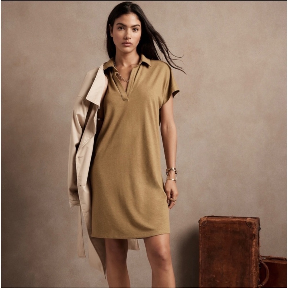 Banana Republic Johnny Collar Jersey Knit Cotton Dress-Tan-Women Large